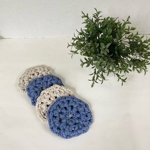 Coasters Set Hand Crafted Denim Blue Cream Bar Cart Essentials Cotton  Crochet